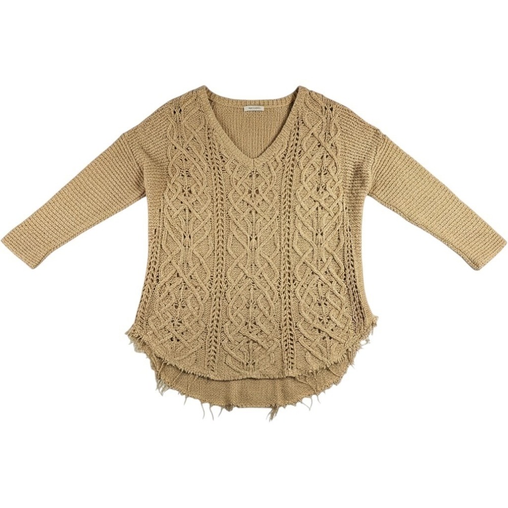 Free People 33F874X606 Cable Knit Distressed V-Neck Sweater Tan Beige Small
